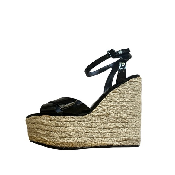 Bebe Black Patent Karissa Espadrille Wedge Platform Sandals Size 9.5 - Picture 10 of 11